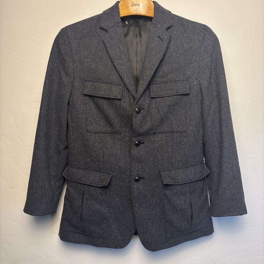 Banana Republic Mens Wool Coat Herringbone Blazer Lined Grey 40R Slim Fit